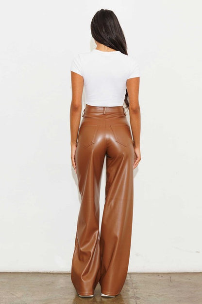 Vegan Leather Wide Leg Pants - Cognac