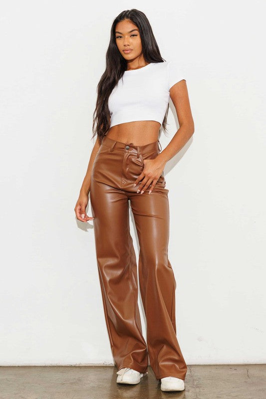 Vegan Leather Wide Leg Pants - Cognac