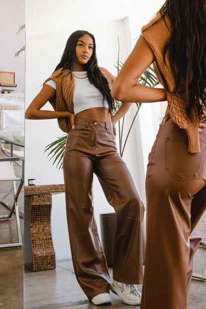 Vegan Leather Wide Leg Pants - Cognac