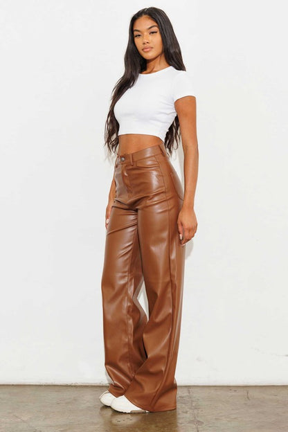 Vegan Leather Wide Leg Pants - Cognac