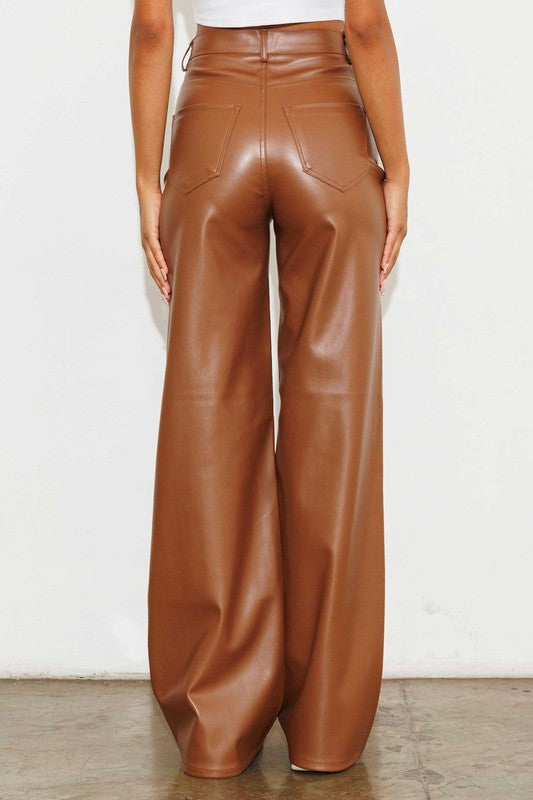 Vegan Leather Wide Leg Pants - Cognac