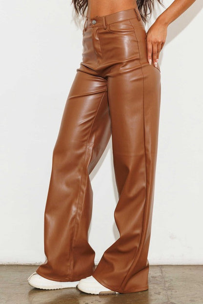 Vegan Leather Wide Leg Pants - Cognac