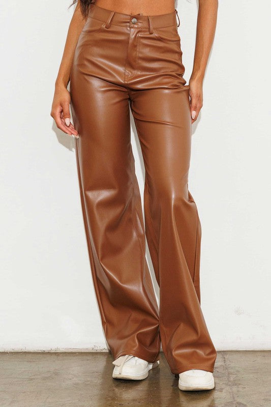 Vegan Leather Wide Leg Pants - Cognac