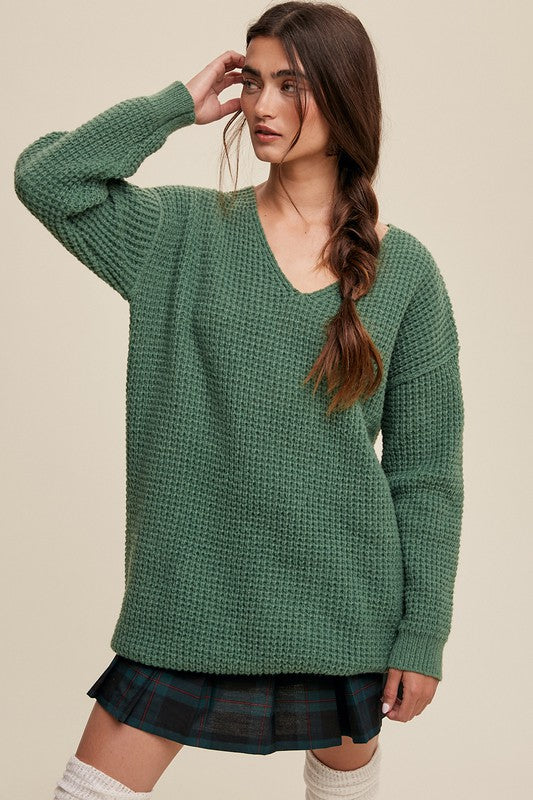 Slouchy V-neck Ribbed Knit Sweater