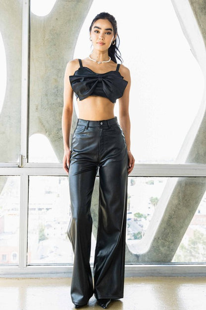 Vegan Leather Wide Leg Pants - Black