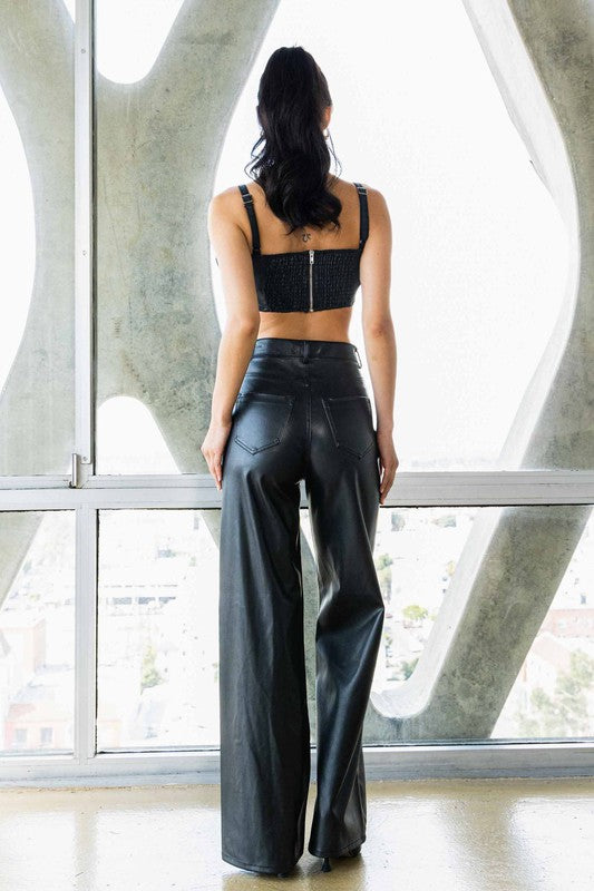 Vegan Leather Wide Leg Pants - Black