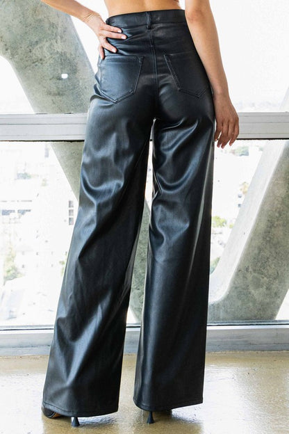 Vegan Leather Wide Leg Pants - Black