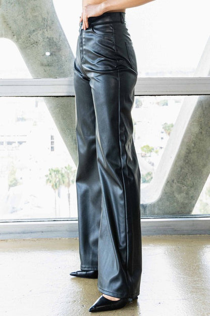 Vegan Leather Wide Leg Pants - Black