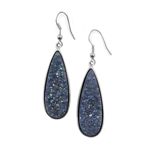 Druzy Collection - Silver Denim Quartz Drop Earrings