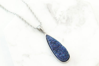 Druzy Collection - Silver Denim Quartz Drop Necklace