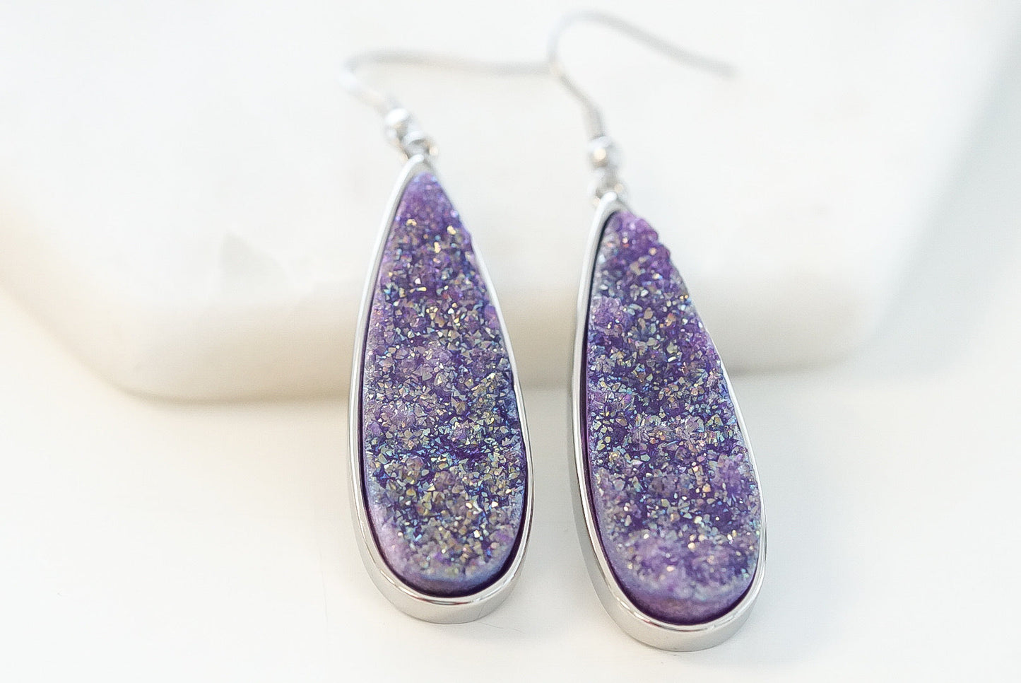 Druzy Collection - Silver Royal Quartz Drop Earrings