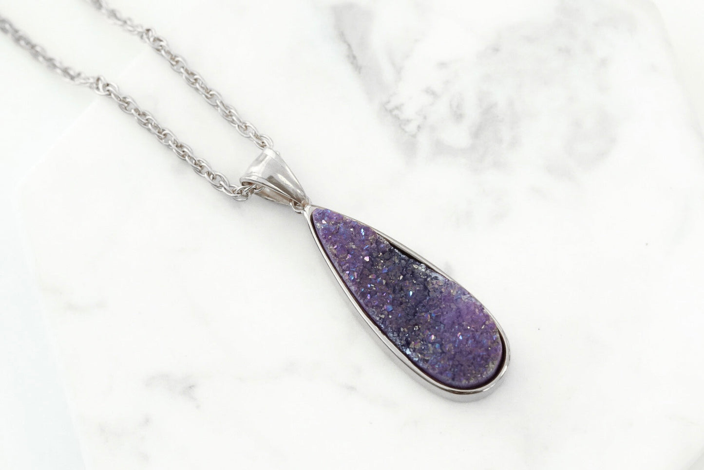 Druzy Collection - Silver Royal Quartz Drop Necklace