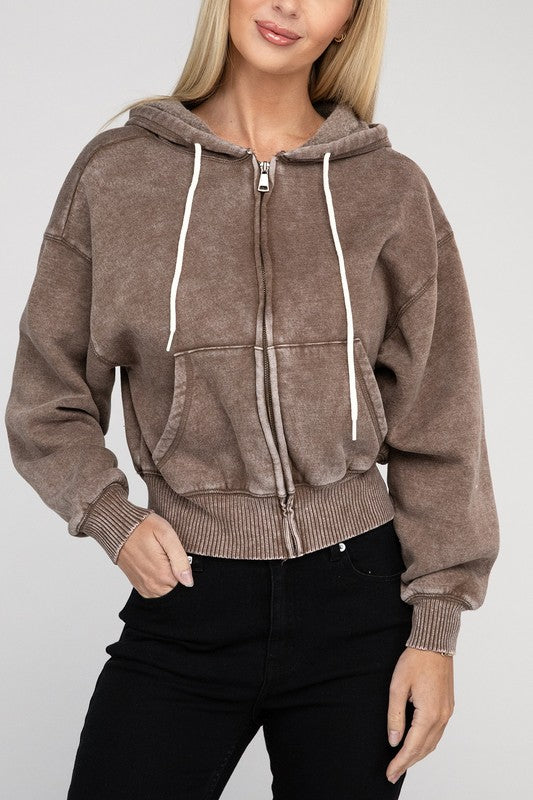 Acid Wash Fleece Cropped Hoodie